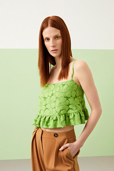 Jus De Pommes YEŞİL DESENLİ FIRFIRLI İP ASKILI BLUZ