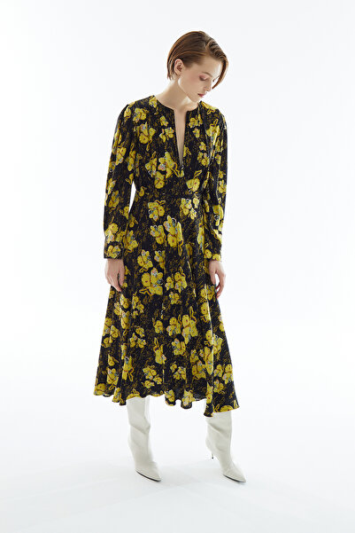 Jus De Pommes Siyah Sarı Çiçek Desenli Kloş Midi Elbise