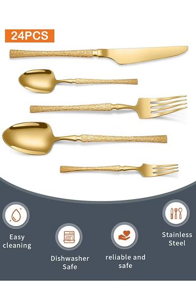 fulina 24 Piece Tableware Set Premium Stainless Steel Flatware Gold