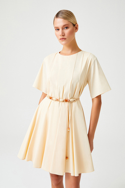 Jus De Pommes BEJ KISA KOLLU KEMERLİ PİLELİ MİNİ ELBİSE