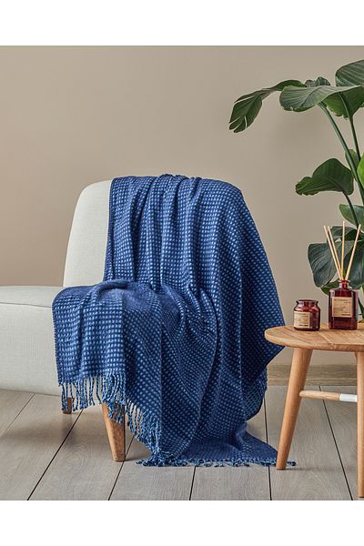 English Home Βαμβακερή κουβέρτα τηλεόρασης Navy Blue-Blue Plain Waffle