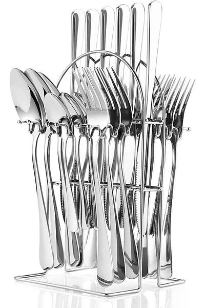 COOYA 24-Piece Stainless Steel Flatware Set with Stand, Service for 6, Mirror Polished Silverware