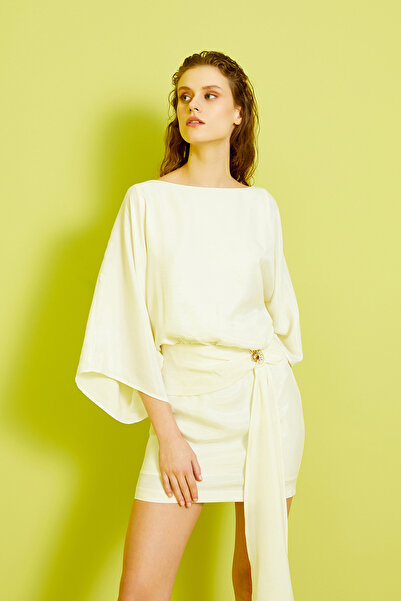 Jus De Pommes EKRU GENİŞ UZUN KOLLU MİNİ ELBİSE