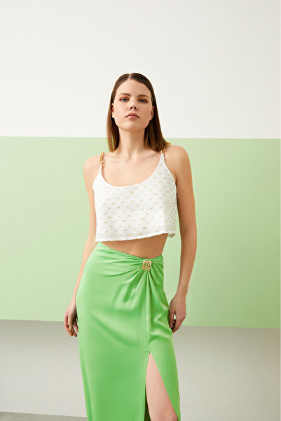 Jus De Pommes EKRU DESENLİ ZİNCİR ASKILI CROP BLUZ