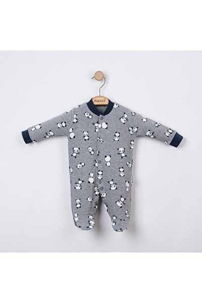 Necix's Baby Boy Panda Printed Striped Jumpsuit with Snap Fasteners Triple Booties Gray Melange