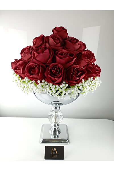 Palpe Kristal Metal Saksıda Yapay Kırmızı Kız İsteme Çiçeği Nişan Sevgili Söz...