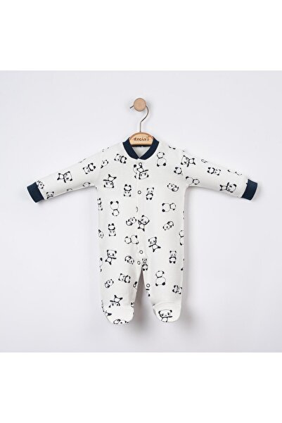 Necix's Baby Boy Panda Printed Striped Jumpsuit with Snap Fasteners Triple Booties Gray Melange
