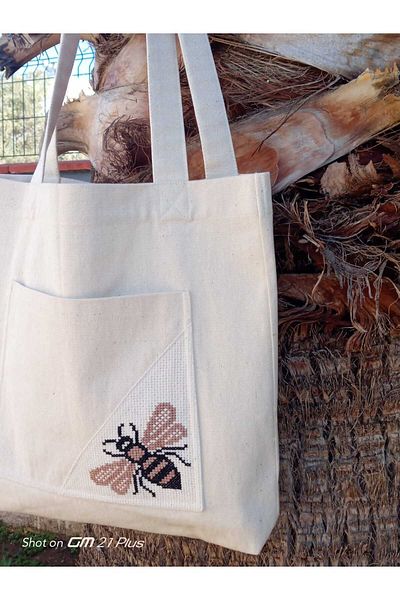 Handream Raw Linen Etamine Bee Embroidered Cloth Shoulder Bag