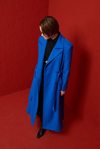 Jus De Pommes Saks Mavi Apoletli Kruvaze Maxi Kadın Kaban