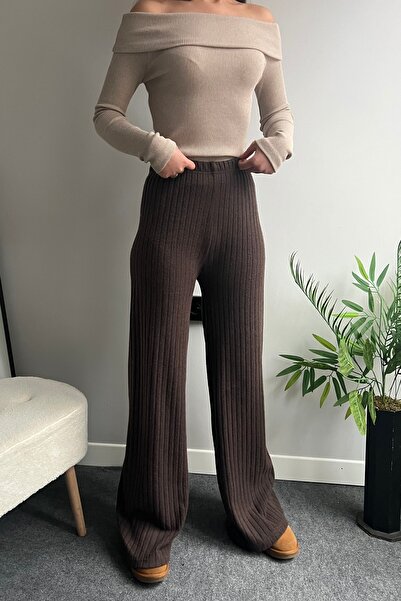 FAARKCOLLECTİON Kadın Fitilli Triko Pantolon Kahverengi