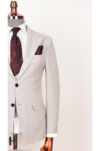 echol Light Gray Slim Fit Men's Suit - Cut-Out Checked Vest