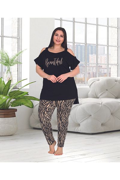 Jenny Daphne Lady Plus Size Striped Short Sleeve Long Pajamas Set 10758