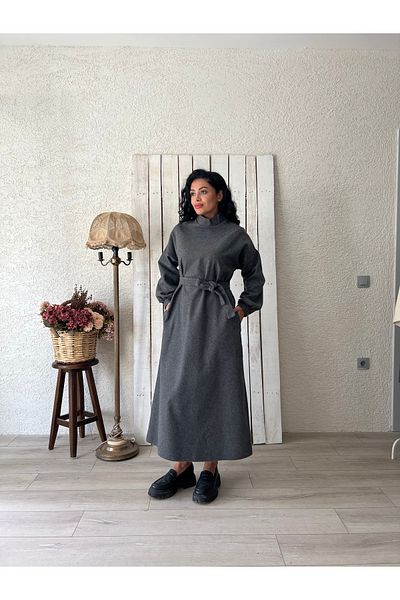 KÜÇÜĞÜM BUTİK Long Anthracite Casual Stamp Dress