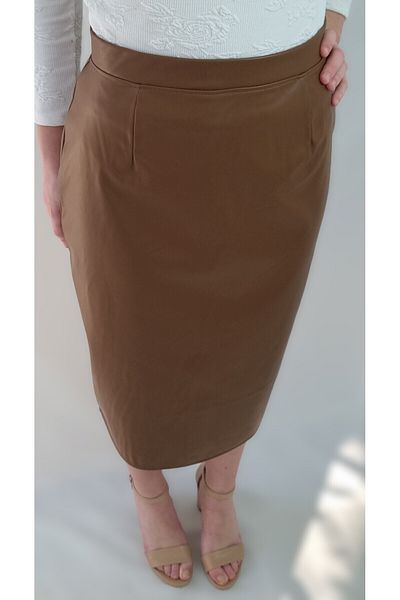 YAXİ Camel Midi Pencil Skirt with Leather Collet