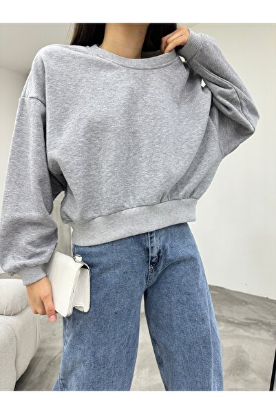 BİKELİFE Women's Gray Oversize Crop Sweatshirt