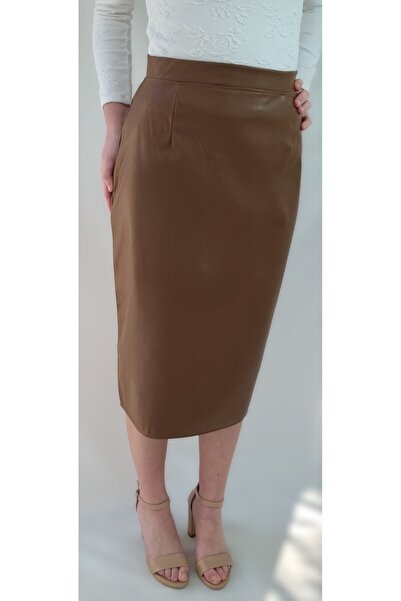 YAXİ Fusta creion midi Camel cu guler din piele