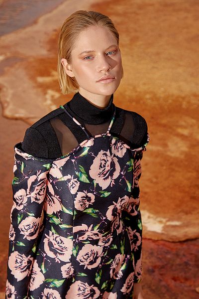 Jus De Pommes Black Floral Patterned Midi Dress with Shoulder Detail