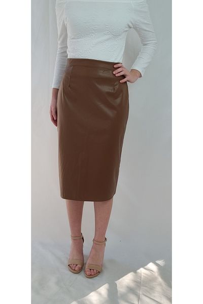 YAXİ Camel Midi Pencil Skirt with Leather Collet