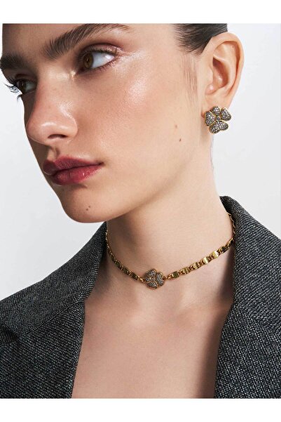 Mon Reve Meryl Altın Kaplama Zirkon Yonca Charm İğneli Küpe