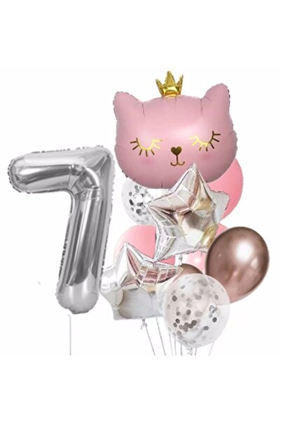 Parti Station مجموعة بالونات بينك كات بعمر 7 سنوات، مجموعة بالونات على شكل نج...