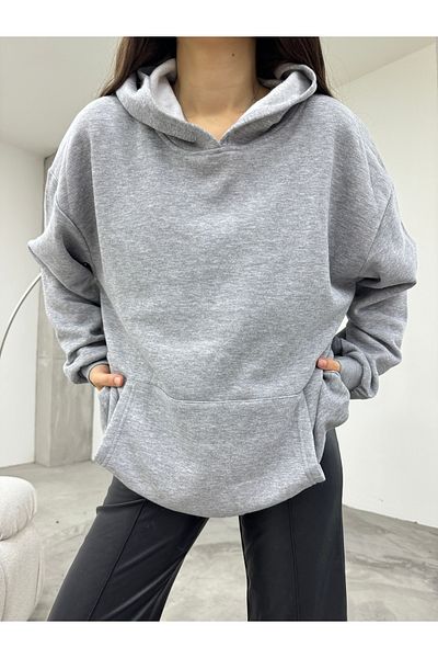 BİKELİFE Graues Oversize-Kapuzensweatshirt mit drei Fäden für Damen in Roségold