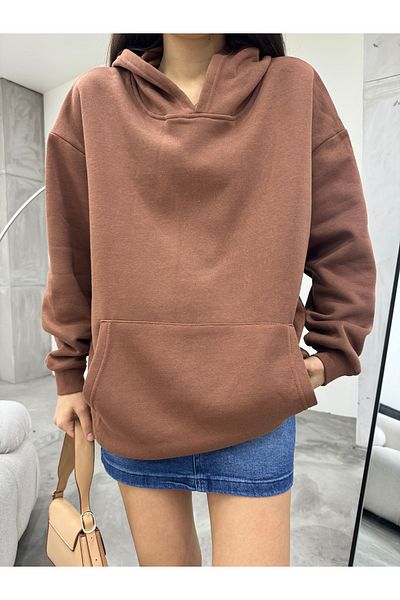BİKELİFE Braunes Oversize-Kapuzensweatshirt mit drei Fäden für Damen in Roségold