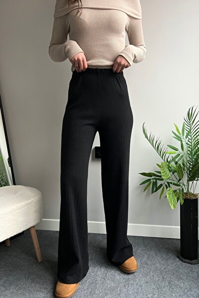 FAARKCOLLECTİON Kadın Fitilli Triko Pantolon Siyah
