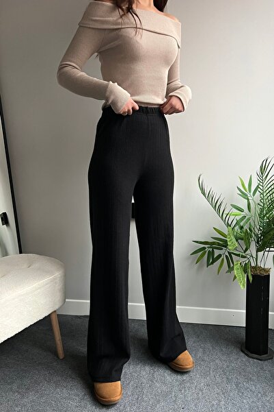 FAARKCOLLECTİON Kadın Fitilli Triko Pantolon Siyah