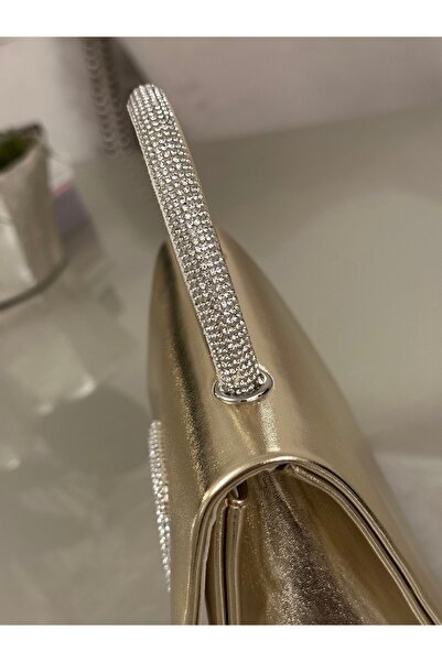 mossi Kadın Altın Rengi Gold Parlak Abiye Çanta - Kristal Taşlı Tokalı Abiye Çanta