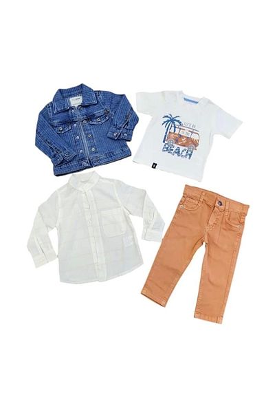 Hafez Kids Eid Men's 4-Piece Suit Linen Trousers Plain Shirt Snap Fastener Denim Jacket Printed Blouse