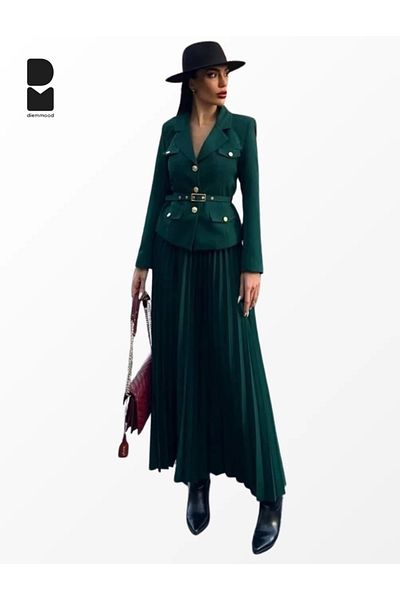Diemmood Green Belted Blazer Jacket and Pleated Skirt Set