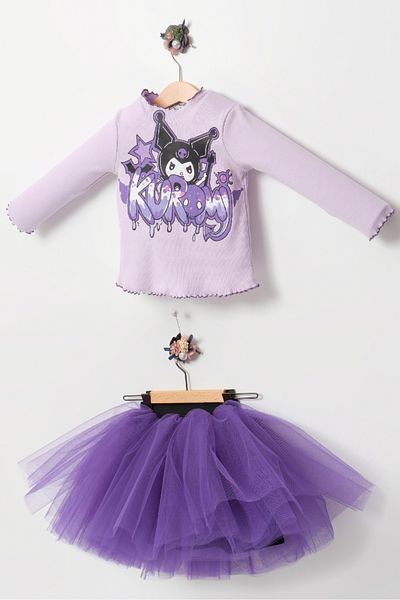 Milangel Girl's Purple Tutu Skirt Cotton Combed Lined Printed Skirt Double Set-Kuromi