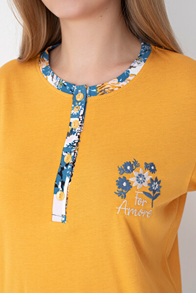 SENFONİ HOMEWEAR Hardal/Mavi Desenli Uzun Kol Pijama Takımı