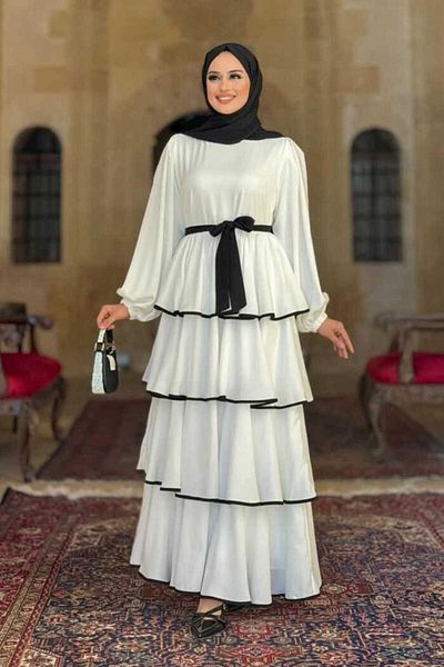 Bym Fashion Ecru Fold Detailed Waist Belted Dress 6029