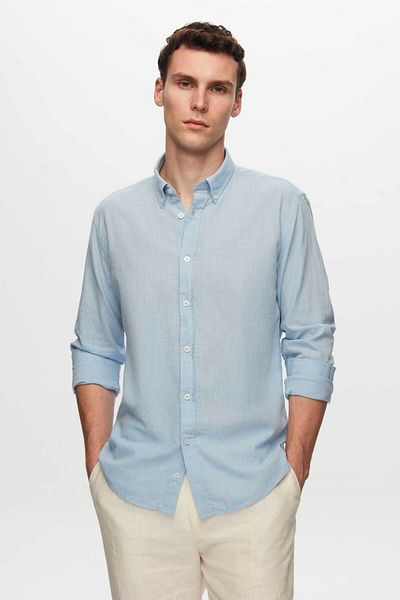 D'S Damat Blue Slim Fit Summer Flame Linen look 100% βαμβακερό πουκάμισο - γιακάς με κουμπιά