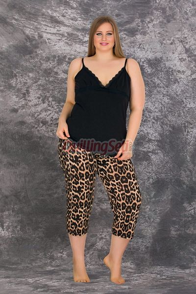 quilling Black Color Leopard Patterned Lady 10712 Women's Large Size Leggings and Capri Mother Pajamas Set