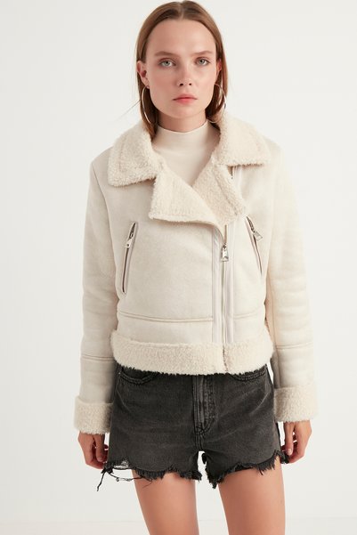MEECY Women's Fur Faux Suede Crop Biker Jacket