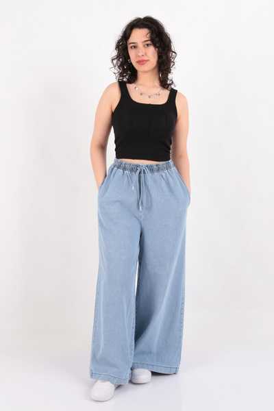 Aynaz 19183 بنطال جينز نسائي واسع الساق بخصر مطاطي Ss