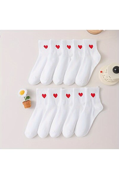 çorapmanya 10 Pairs Black - White Heart Patterned Women's Half Socks