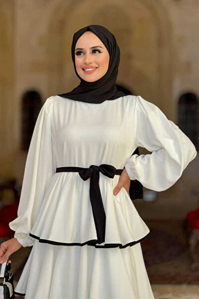 Bym Fashion Ecru Fold Detailed Waist Belted Dress 6029