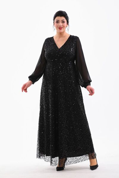 IŞILTI فستان سهرة كبير الحجم مزين بالترتر وياقة مزدوجة الصدر وأكمام شيفون - 3080