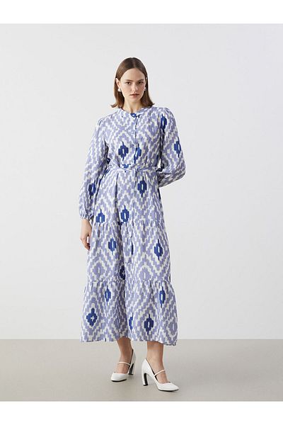 LC Waikiki LCW Modest Blau Richter Kragen Gemustert Damen Kleid