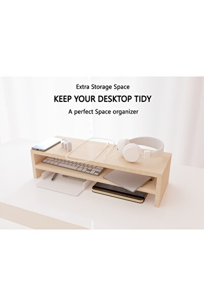 Mahmayi Wooden Riser Monitor Stand with 2 Tier Storage Shelf, Monitor Stand for Home Office-OAK MELAMINE