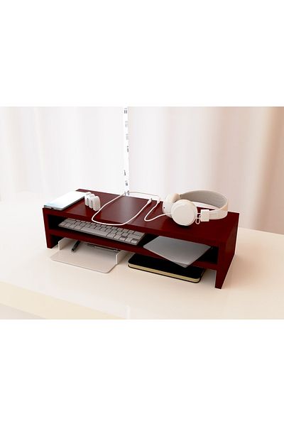 Mahmayi Wooden Riser Monitor Stand with 2 Tier Storage Shelf, Monitor Stand for Home Office-APPLE CHERRY
