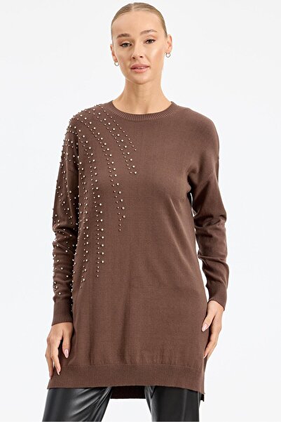 Tığ Triko Tunic with Stone Detail on the Shoulder and Sleeve Brown