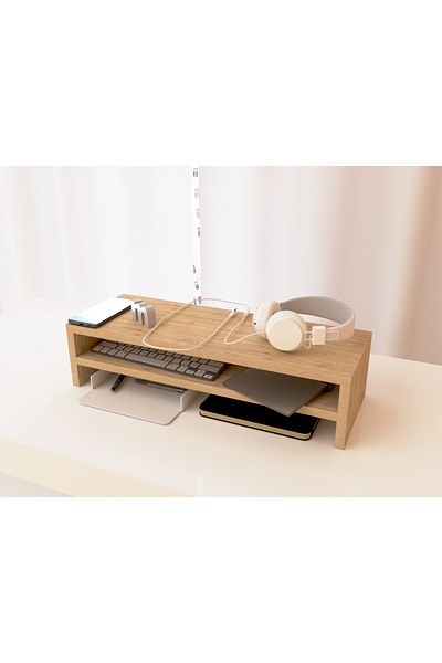 Mahmayi Wooden Riser Monitor Stand with 2 Tier Storage Shelf, Monitor Stand for Home-NATURAL DAVOS OAK