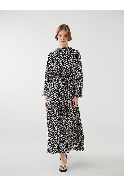 LC Waikiki Lcw Modest Black Stand Collar Print Women's Dress