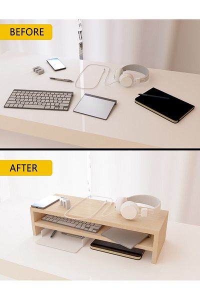 Mahmayi Wooden Riser Monitor Stand with 2 Tier Storage Shelf, Monitor Stand for Home Office-OAK MELAMINE