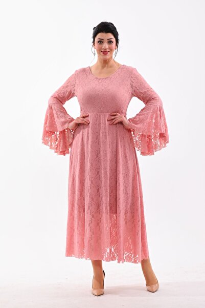 IŞILTI Δαντέλα με σέσουλα λαιμόκοψη Valon Sleeve Plus Size SBiyie Φόρεμα 3103...