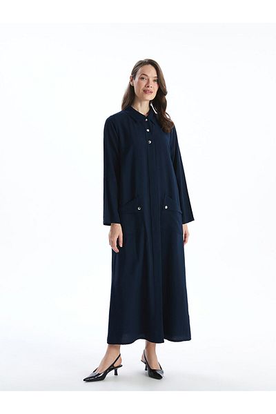 LC Waikiki Γυναικείο φόρεμα LCW Grace Navy Blue πουκάμισο με γιακά λινό look